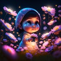Cute little girl in the field with daisies, illustration AI generated