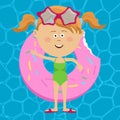 Cute little girl floats on inflatable donut in swimming pool