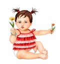 Cute little girl and flowers , little girl child, boy, greeting card, postcard, baby child, illustration , human life, kid care