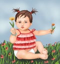 Cute little girl and flowers, little girl child, boy, greeting card, postcard baby child illustration , human life, kid care