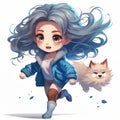 Cute little girl with fluffy hair and a cat, Ai Generative Royalty Free Stock Photo