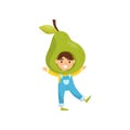 Cute little girl in fruit headwear. Adorable child dressed as green pear. Kid with cheerful face expression. Flat vector