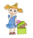 Cute little girl with funny pigtails, dressed in blue, stands putting a finger in her mouth. Puppy in a gift box