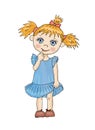 Cute little girl with funny pigtails, dressed in blue, stands putting a finger in her mouth