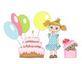 Cute little girl with funny pigtails. Puppy in a gift box, birthday cake with a candle and colorful baloons Royalty Free Stock Photo