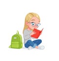 Cute little girl in glasses reading book sitting on the floor. Cartoon vector illustration. Royalty Free Stock Photo