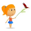 Cute little girl with green branch with butterfly