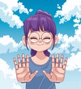 cute little girl with hands stop comic manga character in sky background