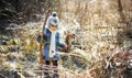 Cute little girl having fun during forest hike on beautiful spring day. Child exploring nature Royalty Free Stock Photo