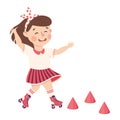 Cute Little Girl with Headband Roller Skating Practicing Sport and Physical Activity Vector Illustration