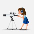 Cute little girl in headphones looking into telescope vector illustration. Colorful female child watching through spyglass