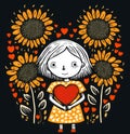 Cute little girl with a heart and sunflowers on black background. Cartoon illustration