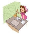 Cute little girl helper dusting off cleaning table Royalty Free Stock Photo