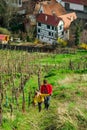 Cute little girl with her mother in vineyards, spring sunny day Royalty Free Stock Photo