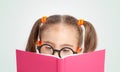 Cute little girl hiding behind a book and reading. Beautiful cute little girl reading book curiously. Royalty Free Stock Photo