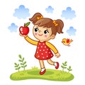 Cute little girl holding an apple in her hands. Vector illustration with a baby in cartoon style Royalty Free Stock Photo