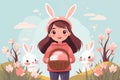 Cute little girl holding a basket with Easter eggs. Cartoon illustration by generative Ai Royalty Free Stock Photo