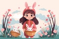 Cute little girl holding a basket with Easter eggs and rabbit outdoors. Cartoon illustration by generative Ai Royalty Free Stock Photo
