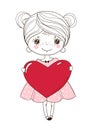 Cute little girl is holding a big red heart. Doodle illustration for wedding, Valentine s Day. Romantic greeting card Royalty Free Stock Photo