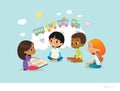 Cute little girl holding book and telling story to her friends sitting around on floor and imagining animals traveling Royalty Free Stock Photo