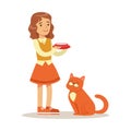 Cute little girl holding a bowl with milk and red cat sitting next to her. Colorful cartoon character vector Royalty Free Stock Photo