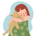 A cute little girl holding a cat in her arms. Portrait of a happy owner with a beloved pet. kindness and love for animals. vector Royalty Free Stock Photo