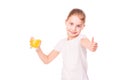 Cute little girl holding glass with juice smiling Royalty Free Stock Photo