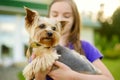 Cute little girl holding her funny yorkshire terrier dog Royalty Free Stock Photo