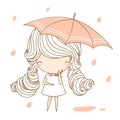 Cute little girl holding orange umbrella in the rain Royalty Free Stock Photo