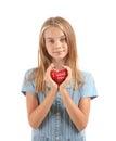 Cute Little Girl Holding Red Heart With Text I LOVE YOU On White Background