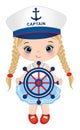 Cute Little Girl Holding Steering Wheel. Vector Nautical Little Girl