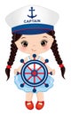 Cute Little Girl Holding Steering Wheel. Vector Nautical Little Girl