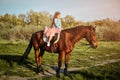 Cute little girl with horse on the grass. Royalty Free Stock Photo