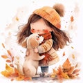 Cute little girl hugging her dog and standing in autumn leaves. Watercolor illustration Royalty Free Stock Photo