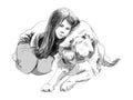 Cute little girl hugging her friend big dog Tibetan mastiff sketch Royalty Free Stock Photo