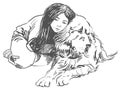 Cute little girl hugging her friend big dog Tibetan mastiff sketch Royalty Free Stock Photo