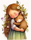 Cute little girl hugging her teddy bear. Watercolor illustration. Nursery art. Generative AI Royalty Free Stock Photo