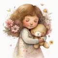 Cute little girl hugging teddy bear. Digital watercolor illustration. Nursery art. Isolated on white. Generative AI Royalty Free Stock Photo