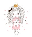 Cute little girl hugs teddy bear Doodle illustration for a girl, nursery, birthday, baby shower. Cute poster for kids Royalty Free Stock Photo