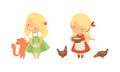 Cute Little Girl Interacting with Animal in Petting Zoo Vector Set