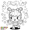 Cute little girl playing with fruit. Vector black and white coloring page. Royalty Free Stock Photo