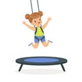Cute little girl jumping on trampoline, kid have a fun in a park cartoon vector Illustration