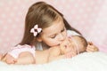 Cute little girl kissing her sleeping newborn sister Royalty Free Stock Photo