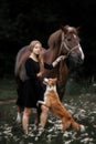 Cute little girl leading big draught horse and small dog by the forest Royalty Free Stock Photo