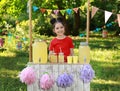 Cute little girl at lemonade stand. Summer refreshing natural drink Royalty Free Stock Photo