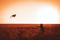 Cute little girl with long hair running with kite in the field on summer sunny day