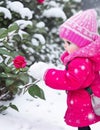 cute little girl look at rose, winter season