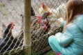 Cute little girl looking at farm chickens through metal fence Royalty Free Stock Photo