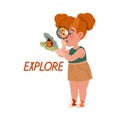 Cute little girl looking through magnifying glass at ladybug. Explore verb expressing action cartoon vector illustratio Royalty Free Stock Photo