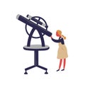 Cute little girl looking into telescope vector flat illustration. Colorful female child watching through spyglass